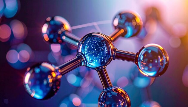Atomi e molecole blu di fantasia, legati insieme in uno spazio astratto