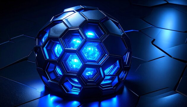 illustrazione 3D di un concept di un oggetto di forma sferica di fantasia, con tante celle aperte di forma esagonale sulla sua superficie, da cui esce un bagliore di luce blu