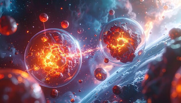 concetto di legame atomico o molecolare, formazione della materia, fusione degli atomi, collisione tra materia e antimateria, illustrazione 3D di fantasia