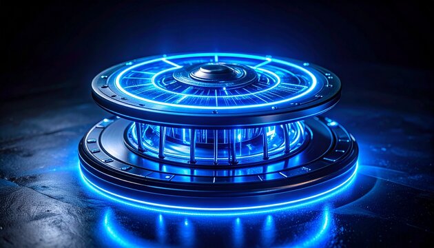 illustrazione 3D di un oggetto rotondo di fantasia, formato da dischi multipli uno sopra l'altro ed un nucleo centrale che emette una luce blu, sopra una sueprficie metallica, in un ambiente scuro