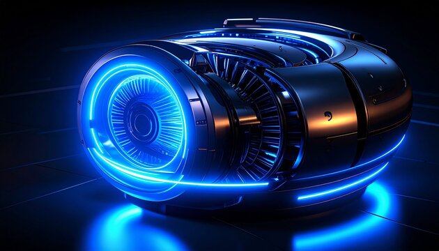 illustrazione 3D di un concept di reattore o motore futuristico di fantasia composto da parti metalliche, di forma rotonda, mentre emette una luce blu, in un ambiente scuro