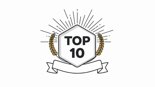 Top 10 ranking emblem featuring a white hexagonal shield with wheat wreaths and rays on a clean white background.