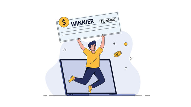 Happy man jumping out of a laptop screen holding a giant million dollar winner check with gold coins in the air.