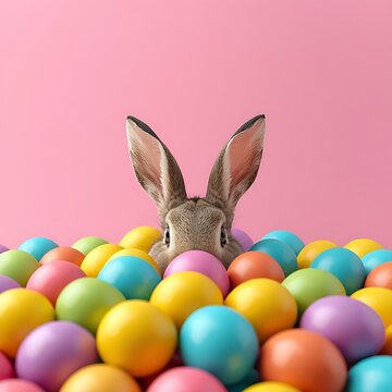 Bunny with  painted colorful easter  eggs  cute face celebration of easter day happy mood social media post card design with copy space 