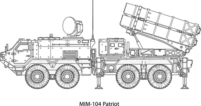 MIM 104 Patriot Surface to Air Missile Defense System Military Launcher Vehicle Vector Line Art Illustration for Air Defense Technology Graphics