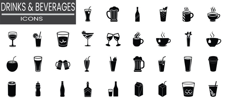 Assorted beverage and drink silhouette icon featuring coffee tea cup, cocktail glass beer mug, juice soda milk carton more vector illustration or editable stroke.