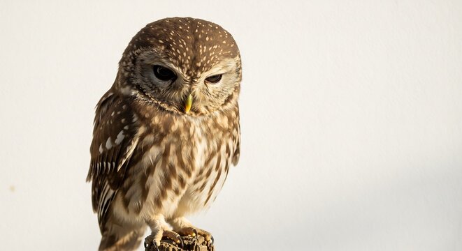 澄み切った純白の背景に静かに堂々と佇む小型フクロウの凛々しい姿明瞭な自然光が繊細な羽毛の一本一本と鋭い瞳の輝きを鮮やかに浮き彫りにする. AI Generated