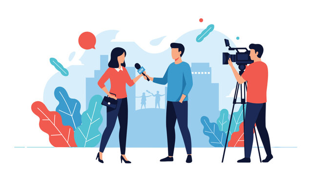 News reporting scene with a female reporter interviewing a man while a professional cameraman films the live event.