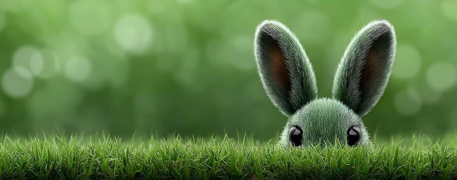 Adorable fluffy green easter bunny peeking out of lush vibrant grass in a whimsical outdoor setting with soft natural light and bokeh background
