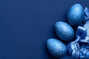 Elegant blue speckled easter eggs decorated with a satin ribbon and pebbles on a deep blue background a calm festive still life shot