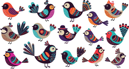 Obraz premium Colorful decorative cartoon birds collection with ornamental feathers patterns and cute fantasy bird characters vector illustration set