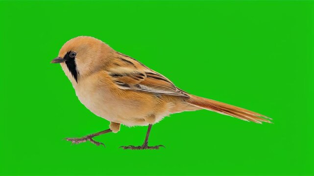 Bearded reedling bird walking isolated on green background.