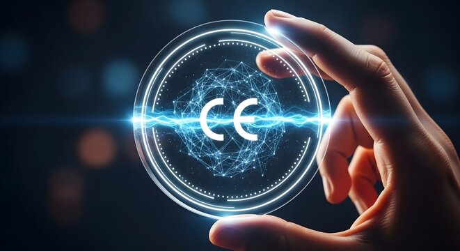 Close up of CE symbol in futuristic glass interface held by hands. Represents European Union regulatory compliance, product certification, and safety standards