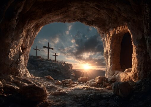 A deeply symbolic easter landscape showing three wooden crosses on a rocky hill outside a dark cave entrance illuminated by a glorious sunset