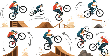 Naklejka premium Mountain Bike Rider Performing BMX Stunts and Jumps on Ramps and Dirt Tracks Extreme Cycling Action Vector Illustration Set