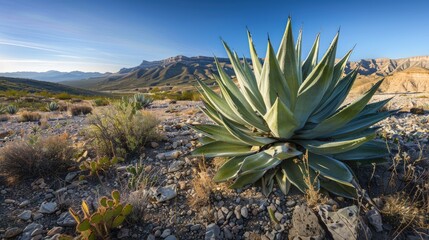 Obraz premium Agave Plant in Arid Desert Landscape with Mountains Under Blue Sky.
