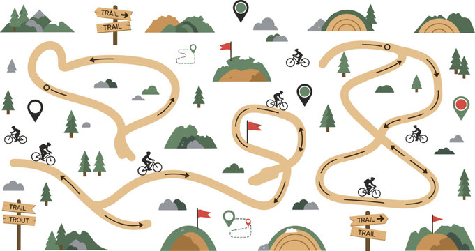 Mountain Bike Trail Map Vector Illustration with Cycling Routes, Direction Arrows, Location Pins, Forest Landscape and Outdoor Adventure Navigation Elements