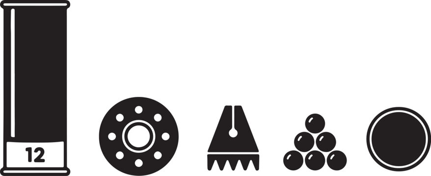 Black and white of a 12 gauge shotgun shell a spiked washer a saw blade edge a pile of pellets and a circular target also transparent background