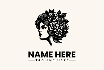 A black and white vector illustration of a woman's face with flowers in her hair, forming a logo with a placeholder name and tagline on a beige background. © vectorvovdesign