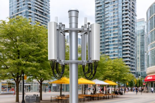 5g small cell antenna on pole in urban city