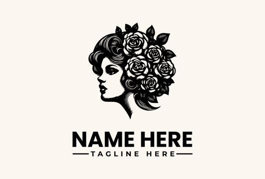 A black and white vector illustration of a woman's face with flowers in her hair, forming a logo with a placeholder name and tagline on a beige background.