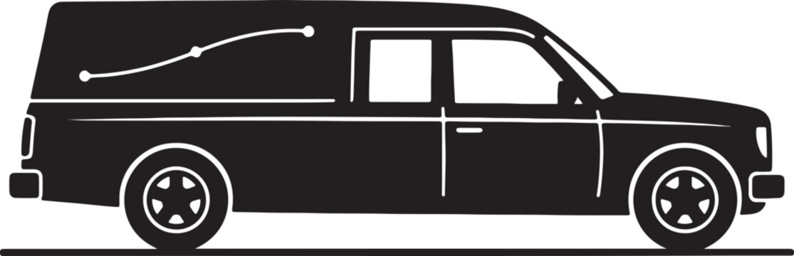 Black silhouette of a hearse with an open back displaying a casket and a decorative line also transparent background