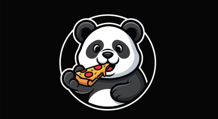 Cartoon panda eating pizza on black background © Corneto