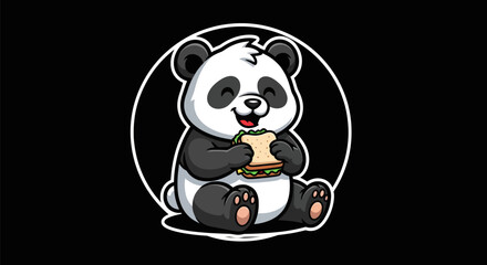 Cartoon panda eating sandwich on black © Corneto
