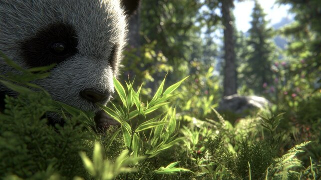 Close up of a giant panda in a lush green forest with bright sunlight