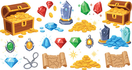 Fantasy treasure collection with gold coins, gem crystals, treasure chests, magic artifacts and ancient map adventure game vector illustration set © AdhinChandra