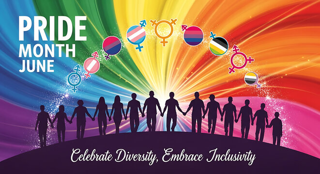Pride Month June celebration with diverse people holding hands isolated on transparent background