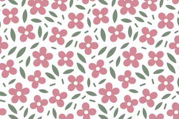 Seamless pattern of pink flowers and green leaves white background floral © Nahid