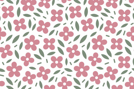 Seamless pattern of pink flowers and green leaves white background floral