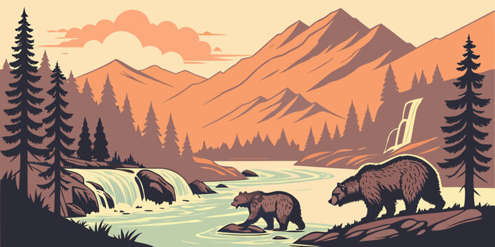 USA, US, U.S, United States - Katmai National Park Sunrise &ndash; Bears Fishing at Waterfalls Amid Rugged Alaska Wilderness Panorama in the United States