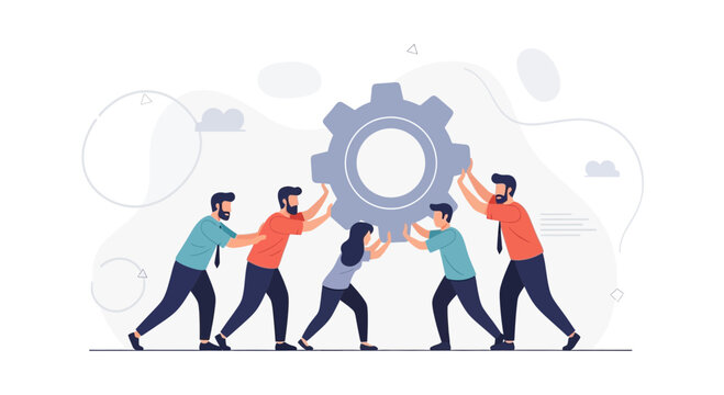 Teamwork pushing gear, business collaboration, synergy, success, strategy, partnership