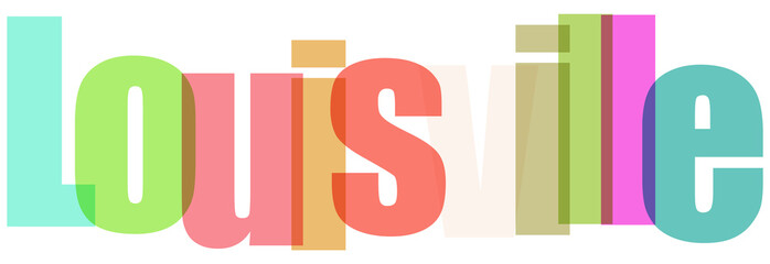 Colorful overlapping typography spelling 'Louisville' with transparent letters in pastel shades of green, pink, orange, and blue, creating a modern graphic design element for banners or
