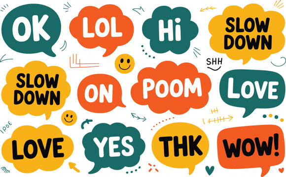 Colorful Speech Bubbles with Positive and Expressive Words and Emojis text message