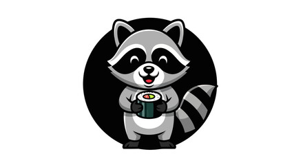 Fototapeta premium Cartoon raccoon holding sushi roll