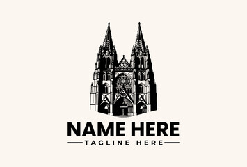 Fototapeta premium A black and white illustration of a Gothic-style cathedral with two spires, accompanied by a logo template with placeholder text on a beige background.
