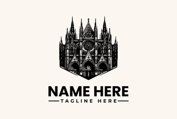 Fototapeta premium Black and white Gothic-style cathedral logo with spires and arches, featuring placeholder text on a light beige background.
