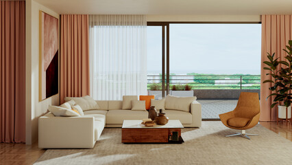 Naklejka premium Large luxury modern bright interiors Living room mockup illustration 3D rendering Generated Color Image