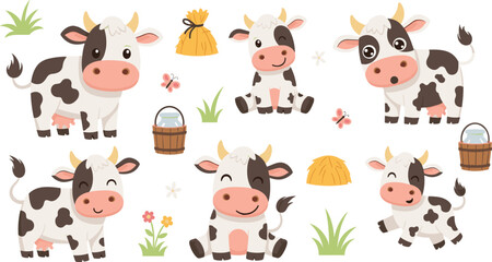 Cute cartoon cow characters collection with farm elements hay bucket grass and flowers adorable dairy animal mascots for kids vector illustration set