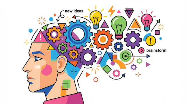 Creative brainstorm concept with human head profile, colorful gears and lightbulbs