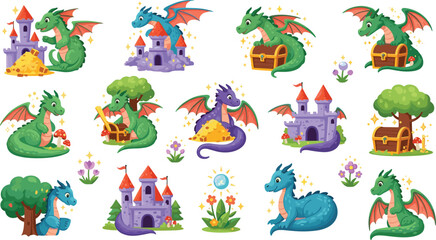 Cute fantasy dragon collection with treasure chest castle trees flowers and magical elements colorful cartoon vector illustration set for kids games storybooks stickers and prints © Shefali