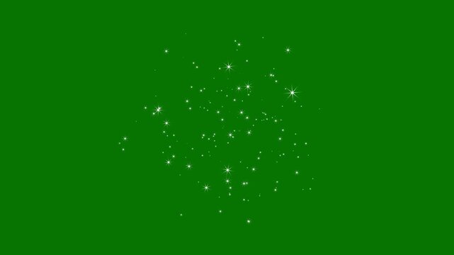 White glowing twinkle stars animation with sparkling glitter dust trail, blinking retro vector star doodles, magic particle burst, 2D flat sparkle effect overlay on green screen background. 4k