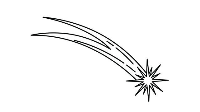 Simple black and white line drawing of a shooting star or comet streaking across the night sky leaving a long glowing trail behind its path.