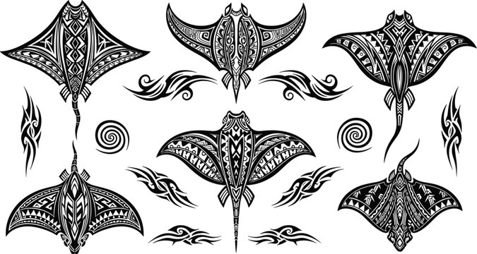 Tribal Stingray Tattoo Collection with Polynesian Style Patterns, Ornamental Marine Animal Designs and Decorative Ethnic Vector Illustration Set