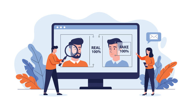 People using a magnifying glass on a computer monitor to compare real and fake facial profiles using deepfake detection technology.