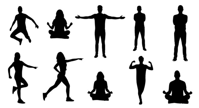 Set of 10 black silhouette yoga and fitness icons vector