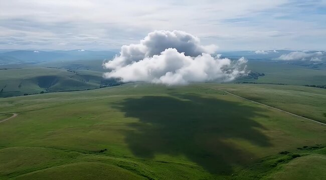 Magnificent white cloud casts a dark shadow on rolling green hills